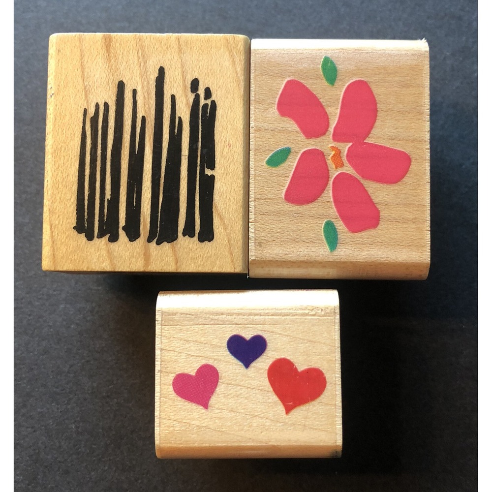 3 Rubber Stampede Posh Impressions Mini Stamps Flowers Hearts Grass Wood Mounted